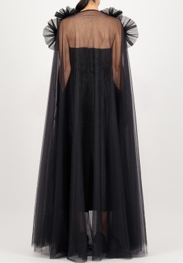 Black Tulle Evening Cape With Embellished Flowers On Shoulders