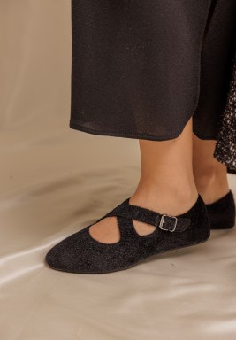 Black Faux Pony Hair Round Toe Pu Shoes