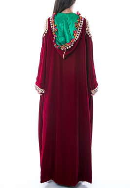 Maroon Hooded Colorful Embroidery Kaftan