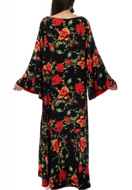 Black & Red Floral Ruffle Kaftan