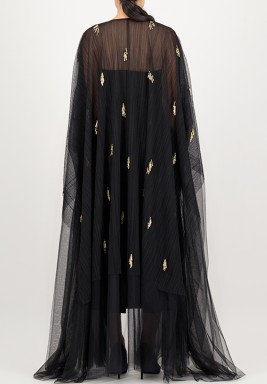 Multi Layer Black Embroidered Pleated Tulle Abaya