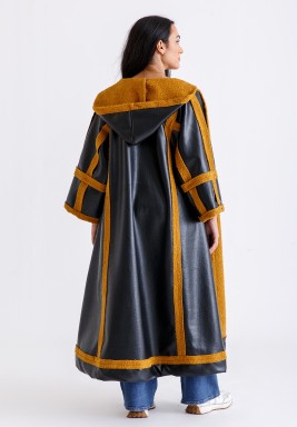 Black & Mustard Leather Hooded Bisht With Fur
