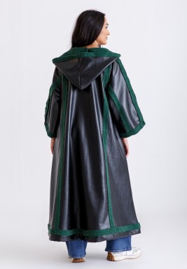 Black & Olive Leather Hooded Bisht With Fur