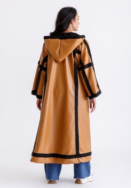 Brown & Black Leather & Fur Hooded Bisht