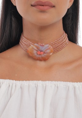 Hand Carved Agate Flower Pink Crystals Necklace