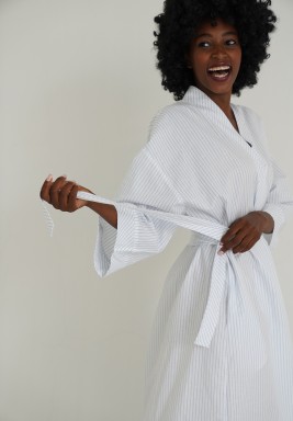 White & Blue Pinstripe Kimono Robe