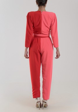 Red & Pink Wrap Belted Jumpsuit