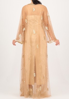 Beige Tulle Cape With Metal Embroidery