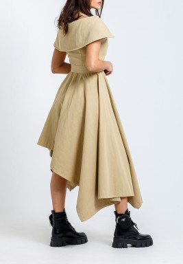 Beige Belted High-Low Coat Dress