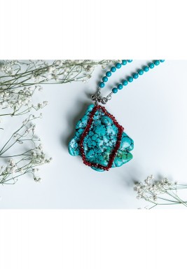 Rough Turquoise Pendant with Red Crystal