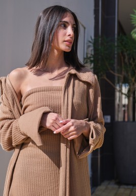 Beige Ribbed Dress Set 