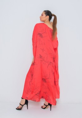 Cherry Red Pure Silk Off Shoulder kaftan with Semi Concealed Belt