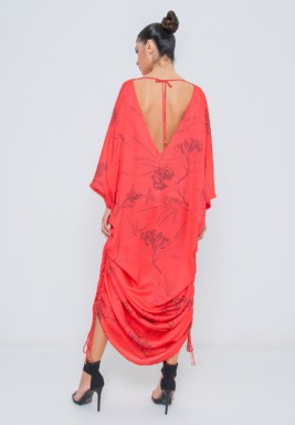 Cherry Red Pure Silk Abaya with String Gathering on the Side Secured with Golden Metal Balls