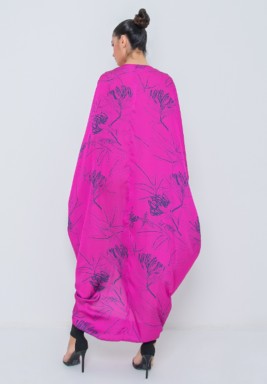 Super Pink Floral Print Mariposa cut Kaftan in Pure Silk with Central Gathering 