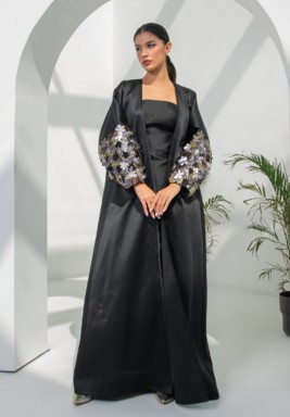Mikado Abaya with puffed sleeves and Metallic Embroidered Floral Motifs
