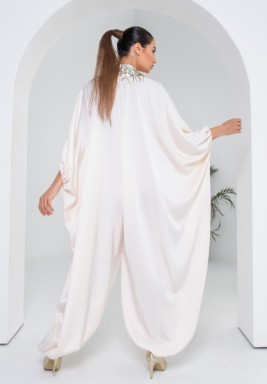 Pearled Ivory crepe silk jumpsuit with puffed sleeves