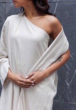 Beige Off Shoulder Dress with Bisht Set