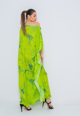 Lime Pure Silk off Shoulder kaftan with Semi Concealed Belt