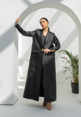 Black Mikado Abaya with an Unsymmetrical Modern Lapel Collar