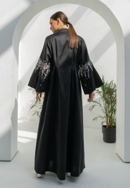 Black Mikado Abaya with Antique Grey Sequin on Bell Sleeves 