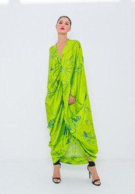 Lime Floral Print Mariposa cut Kaftan in Pure Silk with Central Gathering 