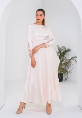 Pearled Ivory Long Sleeves Crepe Dress with Sequin and Fitted Sleeves with Frilled Hemline