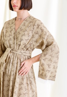 Beige Linen Wrap Dress with Multiple Prints