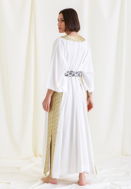 Off-white Linen Dress with Jacquard Gold Collar and Multiple Prints Belt