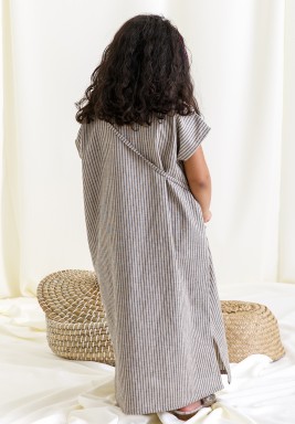 Beige And Black Striped Linen Dress with Embroidery