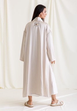 Beige & White Satin Bisht & Buttoned Dress set