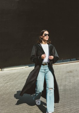 Black Reversible Leather /  Velvet Ankle Length Coat