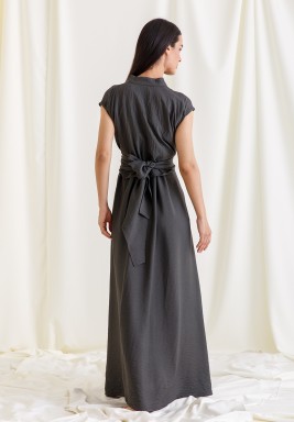 Dark Grey Sleeveless Dress with Waisted Cape