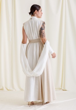 White & Beige Linen Dress
