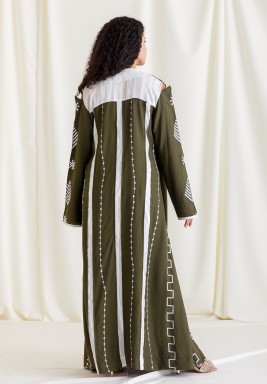 Olive & White Cold Shoulder With Side Tie Kaftan