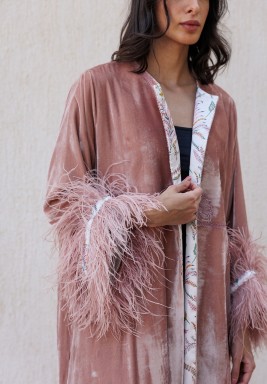 Salmon Pink Velvet Feather Cuffs Bisht