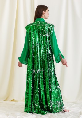 Super Green Two-Piece Belted Embroidered kaftan 