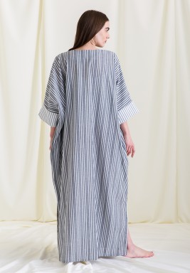 Black And White Striped Kaftan with Contrast Collar