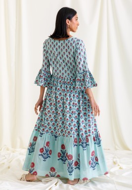 Light Green Cotton Printed Flowy Dress