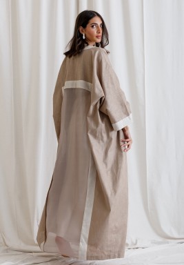 Beige Belted Bisht & Dress Set