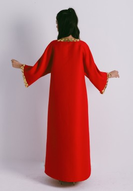 Tomato Two Piece Ensemble Bisht with Dress Embellished With Metal Heart Motifs