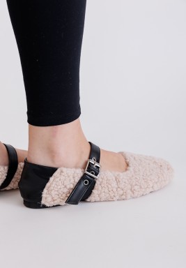 Leather Strap Beige Teddy Shoes