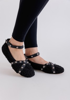 Black Buttoned Strap Teddy Shoes 