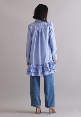 Blue Ruffled Hem Shirt Dress