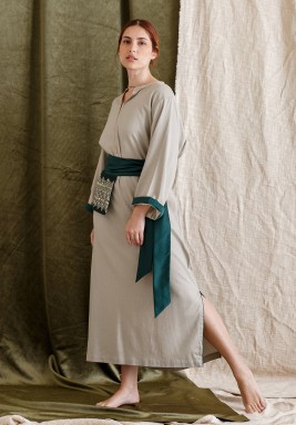 Beige Kaftan With Olive Embroidered Pocket Belt