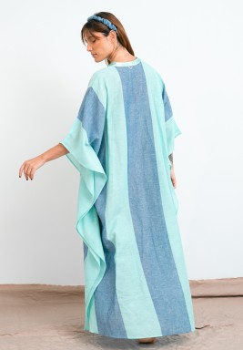 Sky Blue & Green Cotton Kaftan with Hairband