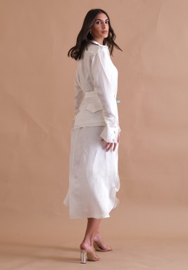 Off-White Silk Linen Dress with Tailored Belt