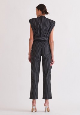 Black Stripes Cropped Vest with Padded Shoulders 