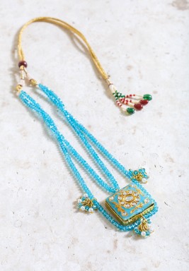 Gold-Tone & Blue Crystals Square Pendant Necklace