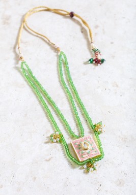 Gold-tone & Green Crystals Square Pendant Necklace