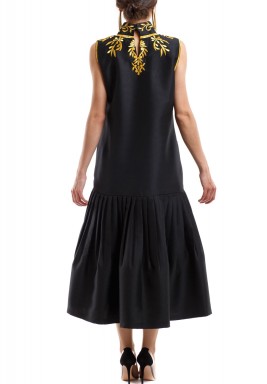 Black & Gold Embroidered Pleated Dress